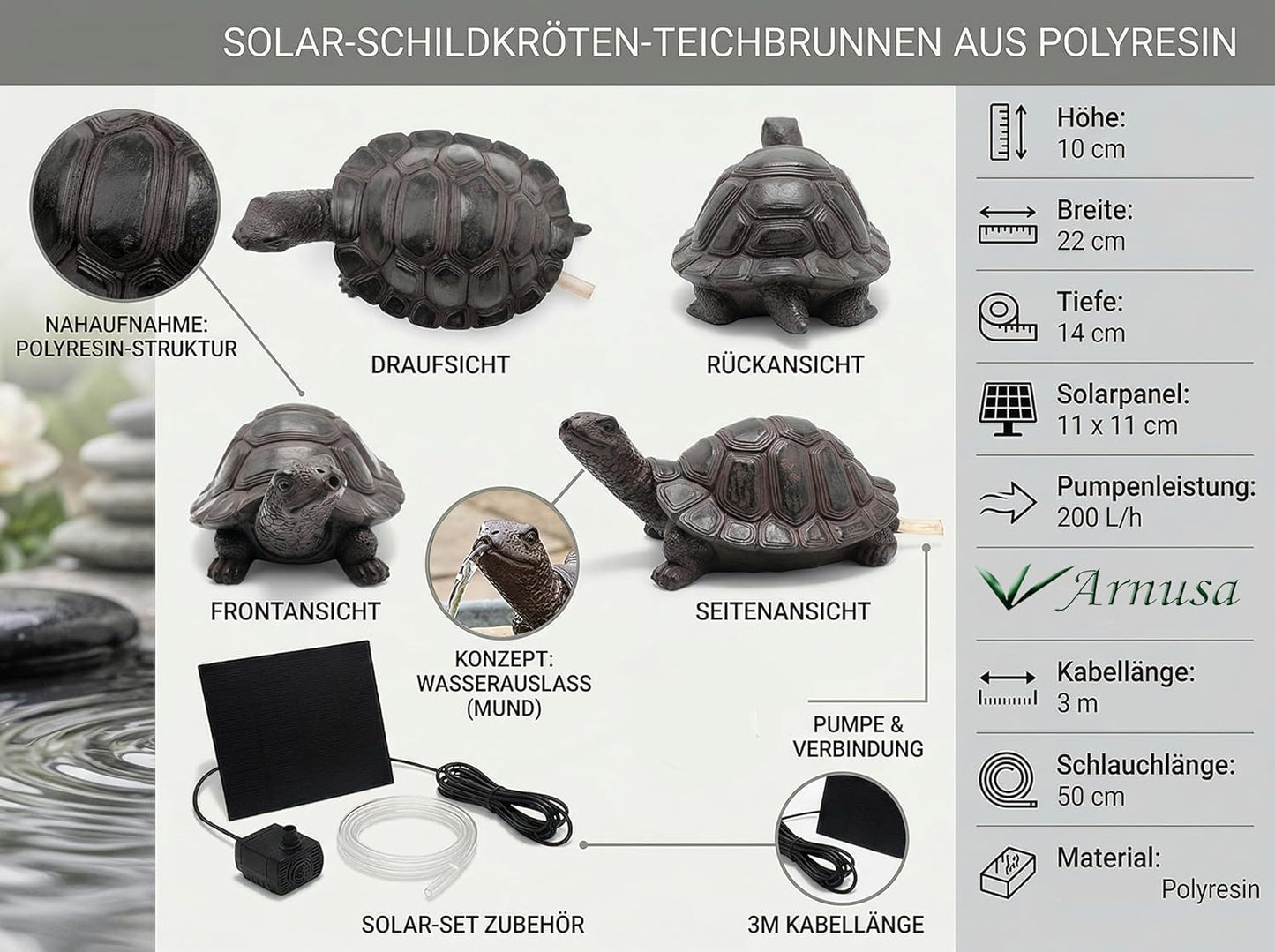 Solar-Wasserspeier Schildkröte mit Pumpe (Polyresin)