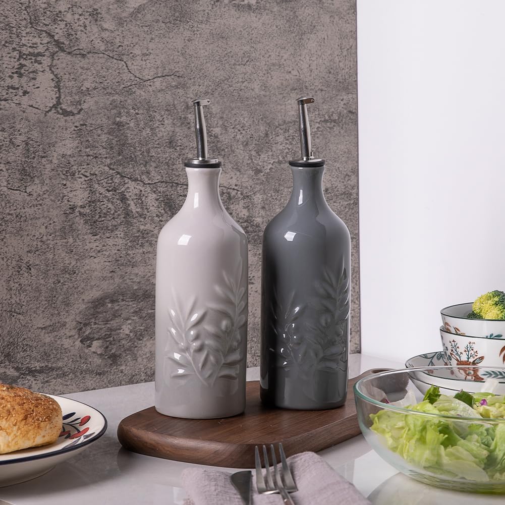 Keramische Olivenölspenderflasche 570ml, Grau Olivenblatt-Relief, 570 ml