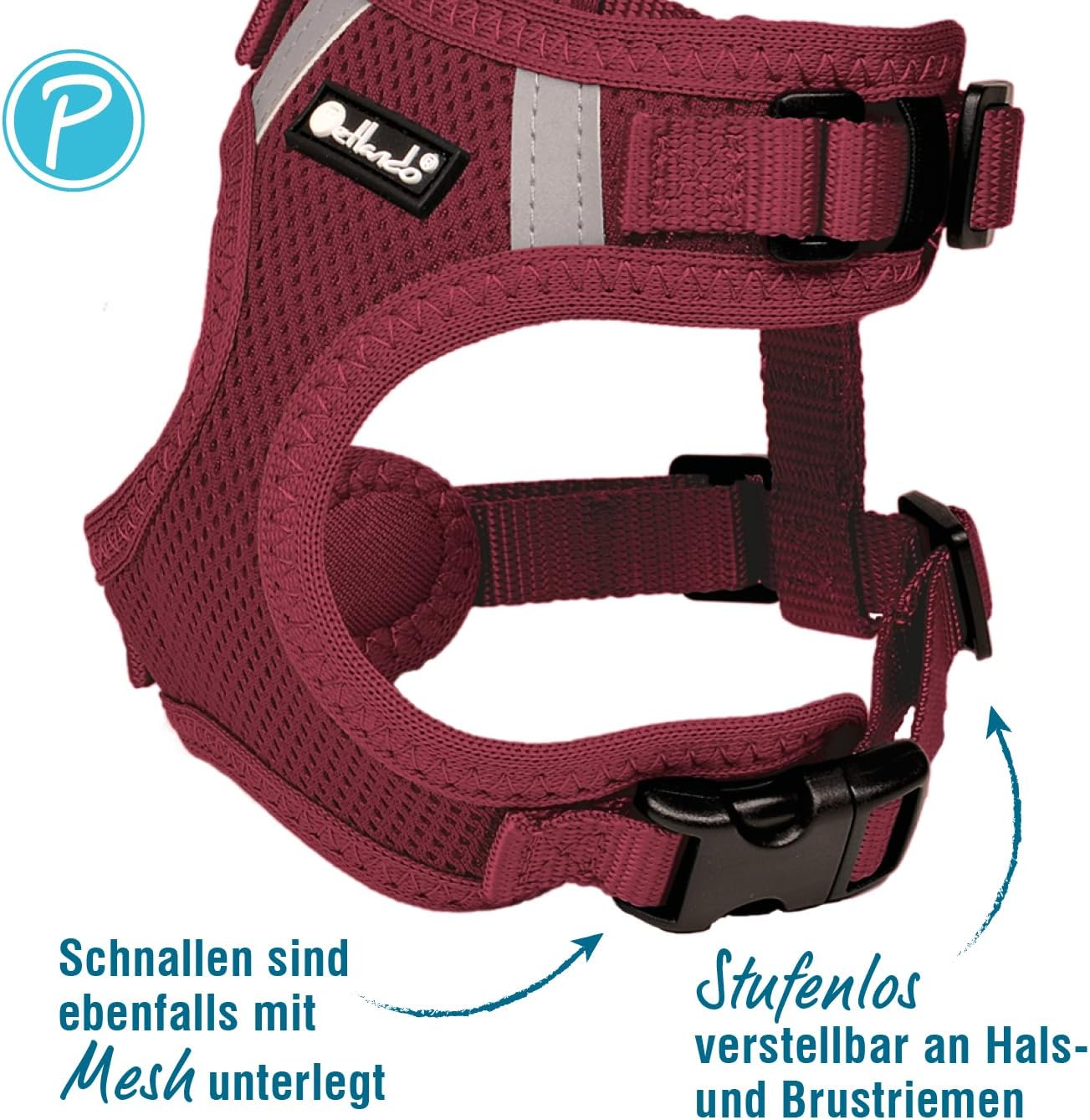 Leichtes Mesh-Hundegeschirr, verstellbar, reflektierend, Bordeaux XL
