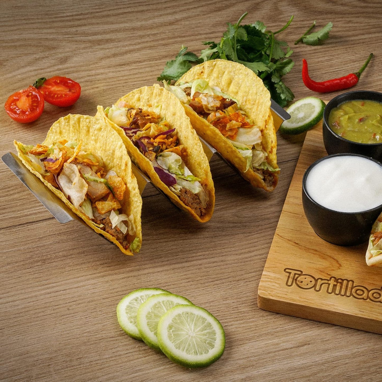 Taco- und Hotdog-Halter Set mit Servierbrett & Dipschalen