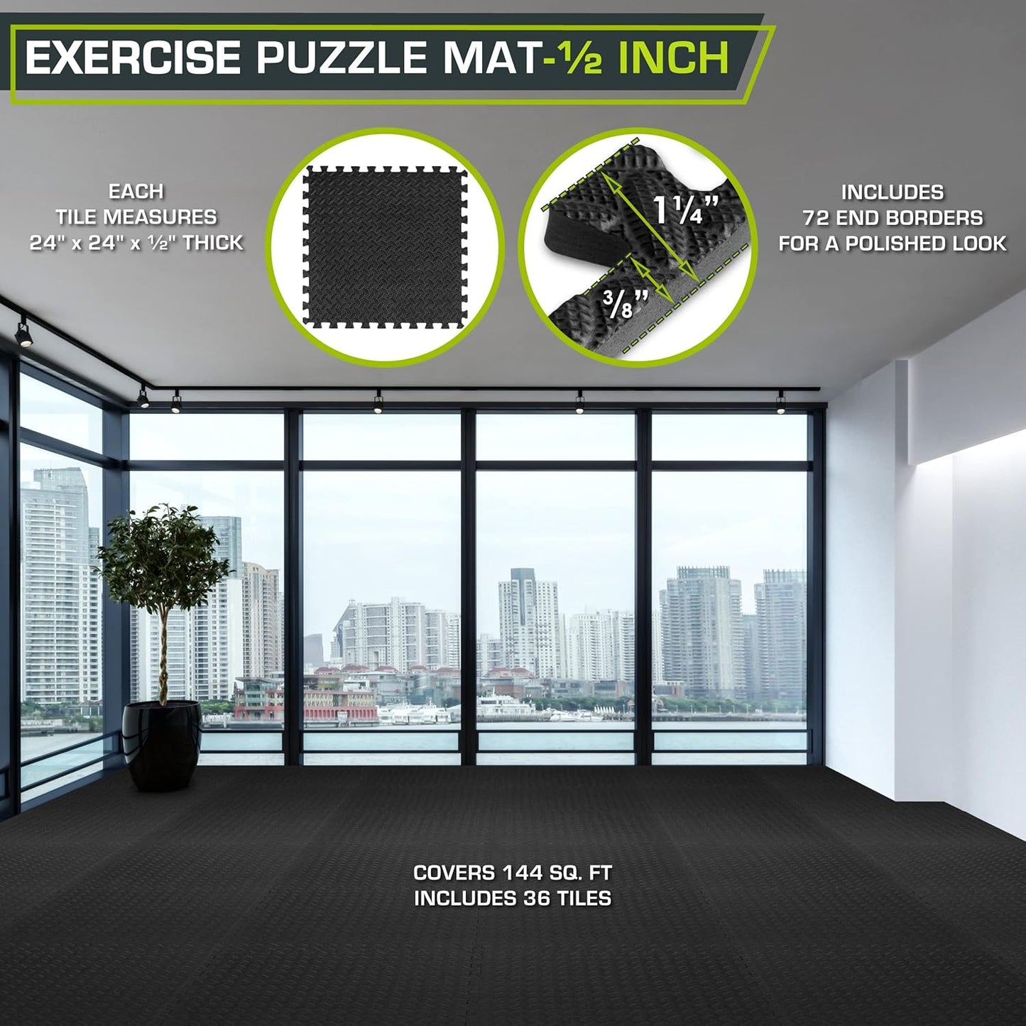 Puzzle-Exercise-Matte, Black - 1/2 Inch - 144 Sq Ft - 36 Tiles