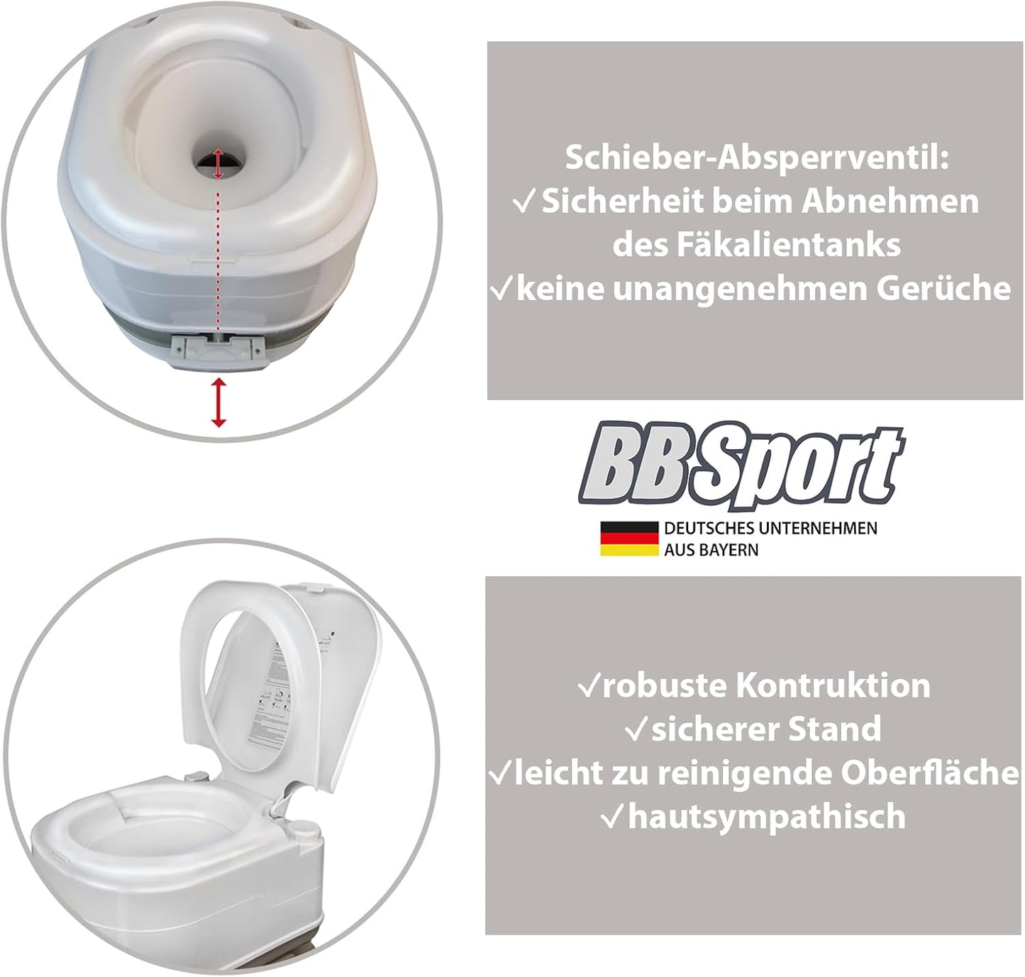 Mobile Campingtoilette mit Kolbenpumpe und Papierfach