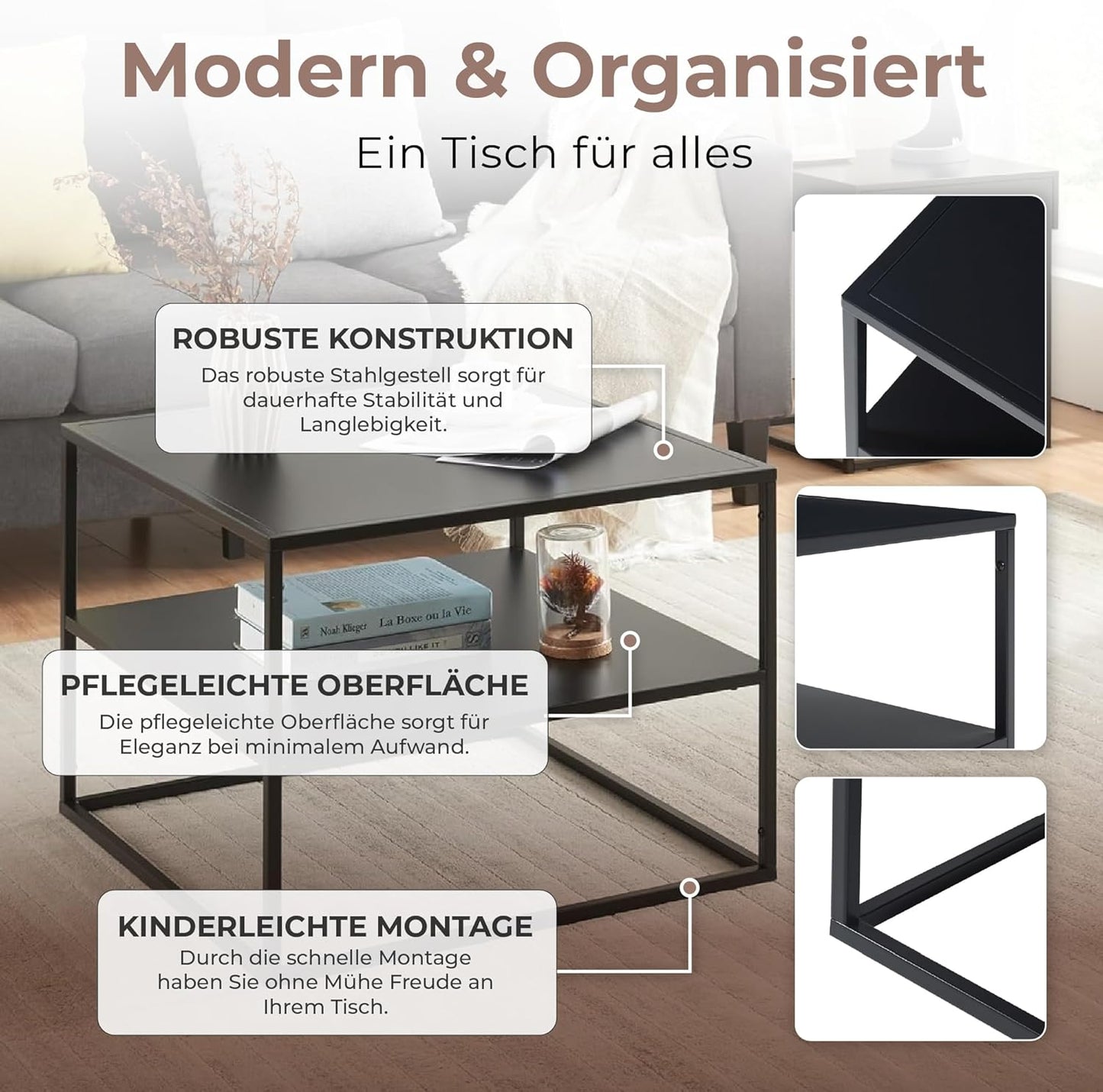 Couchtisch Solund mit Ablage, Schwarz, Matt 60 x 60 x 45 cm - 2 Ablagen