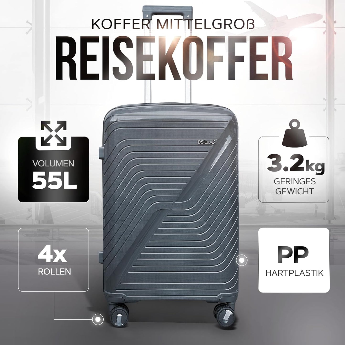 Hartschalen Reisekoffer mit TSA Schloss, Grau V3, M