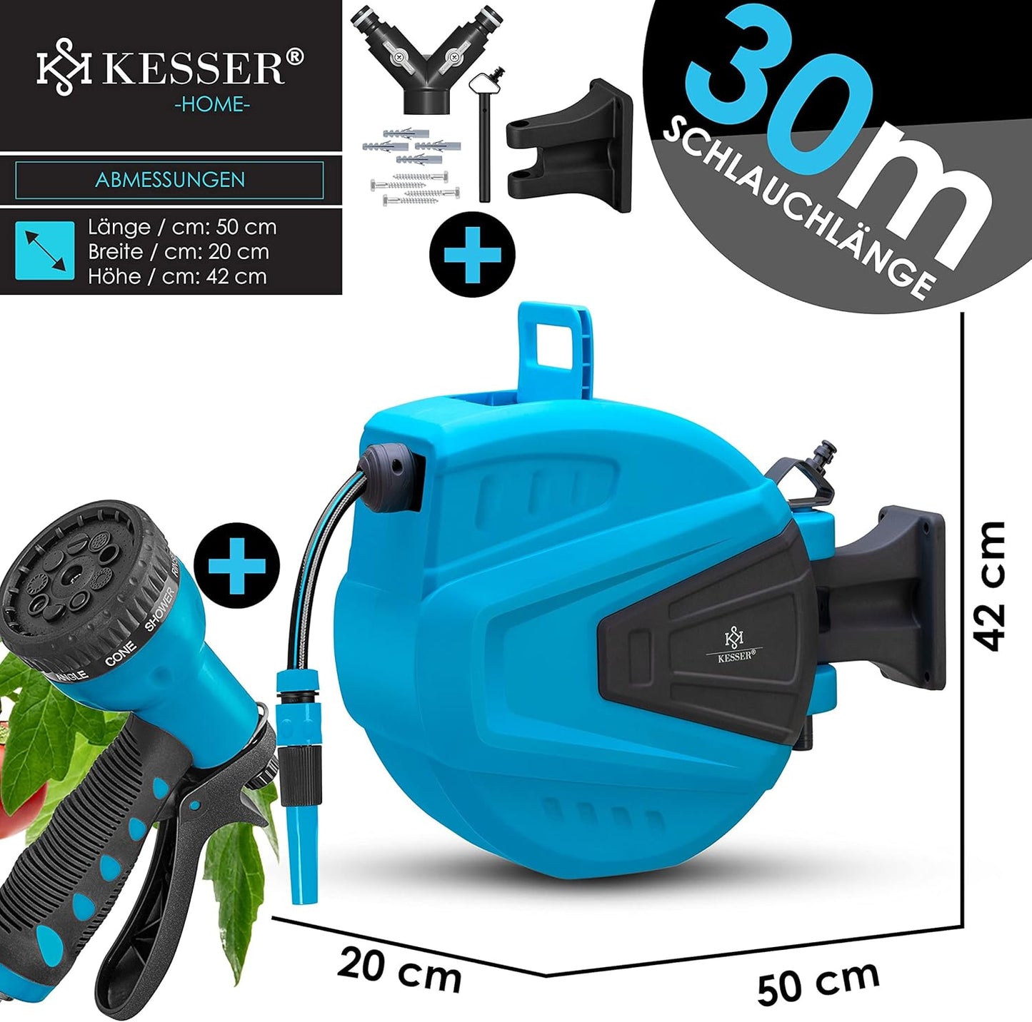 Automatik-Schlauchaufroller mit 30 m Schlauch, 30 Meter ; Blau