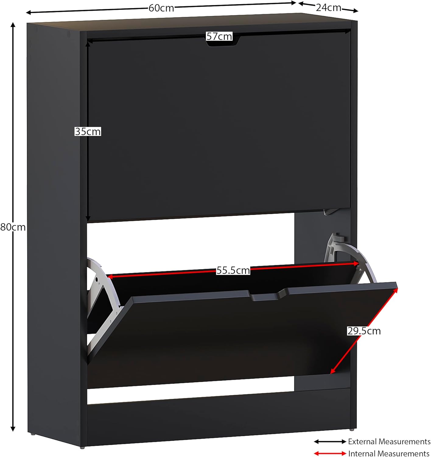 Schuhschrank mit 2 Klappschubladen, Schwarz