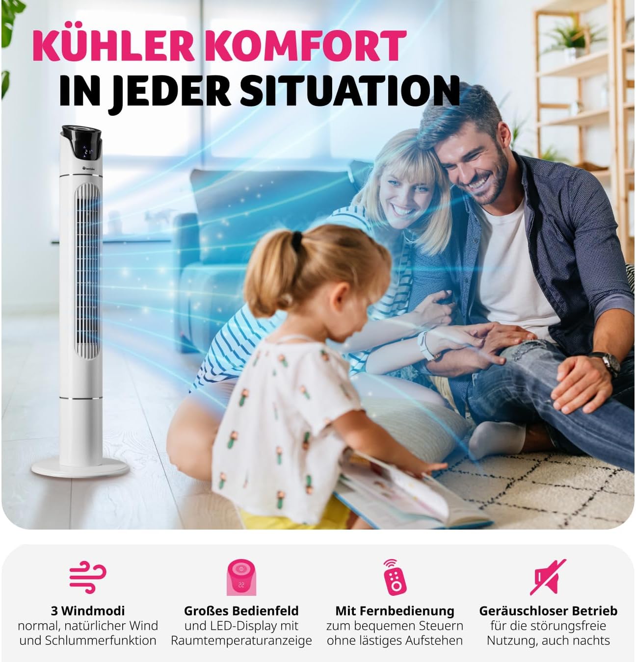 Turmventilator mit Fernbedienung und Timer, 31 x 110 cm