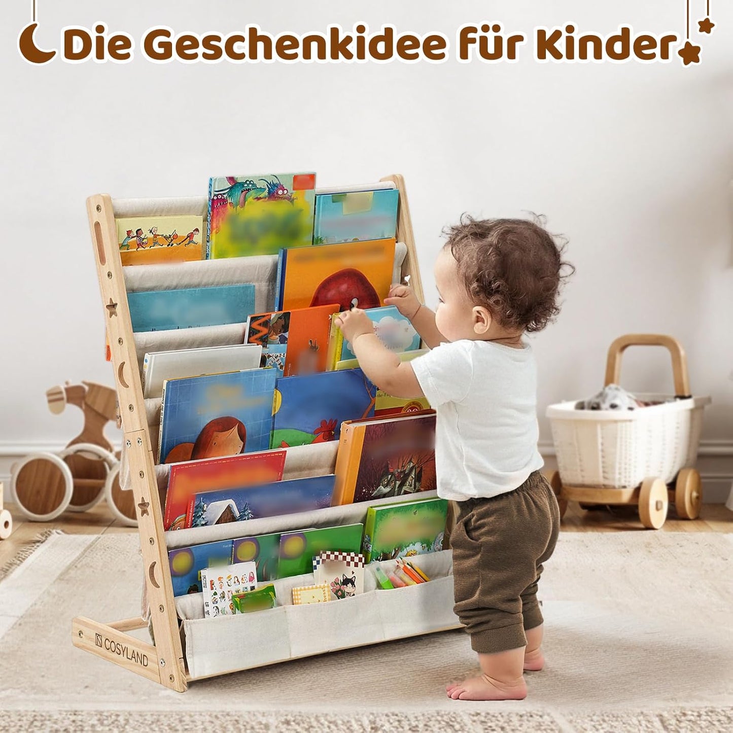Bücherregal für Kinderzimmer mit sechs Stofffächern, Naturholzfarbe Large