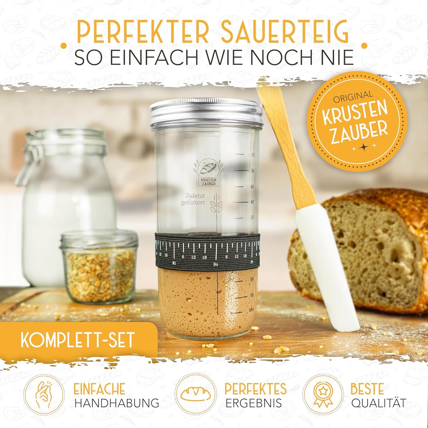 Sauerteig Starter Set mit Gärglas Spatel u. Thermometer, 1x600ml, Sauerteig Starter Set