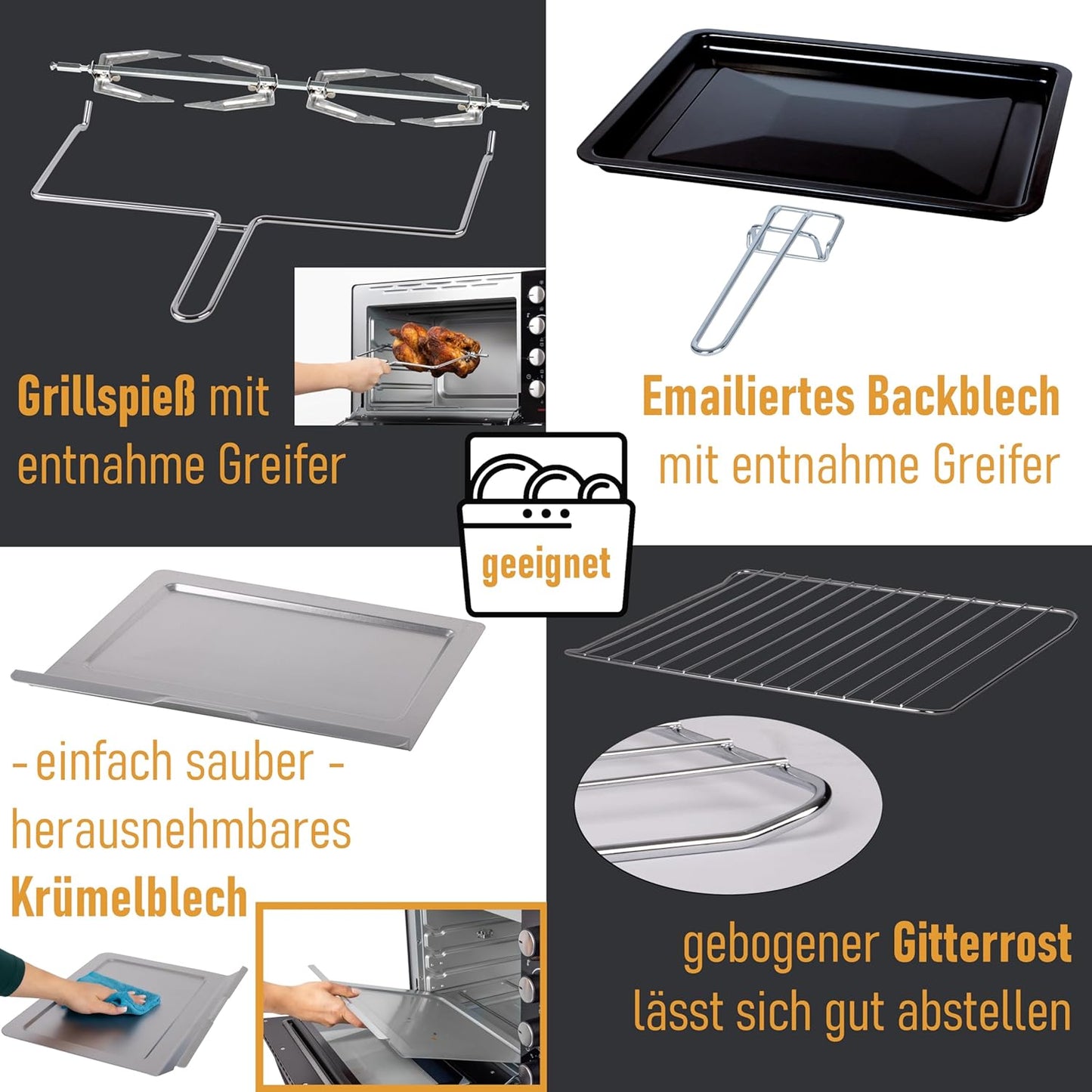 Minibackofen 70450 mit Umluft, Drehspiess und Krümelblech