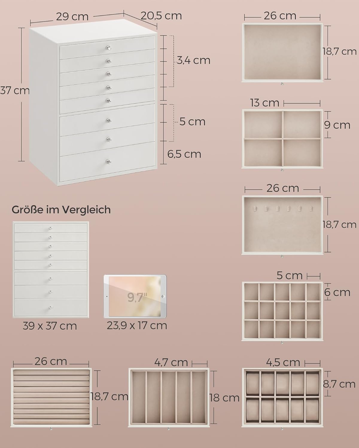 Geräumiger Schmuckkasten mit 8 Schubladen, 8 ebenen, Weiss