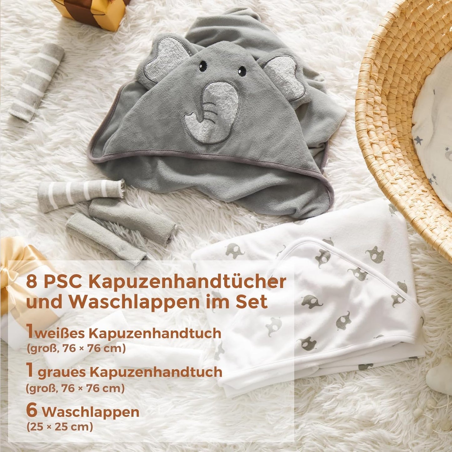 8-teiliges Baby Badetuch-Set mit Kapuze und Elefantmotiv, Grau