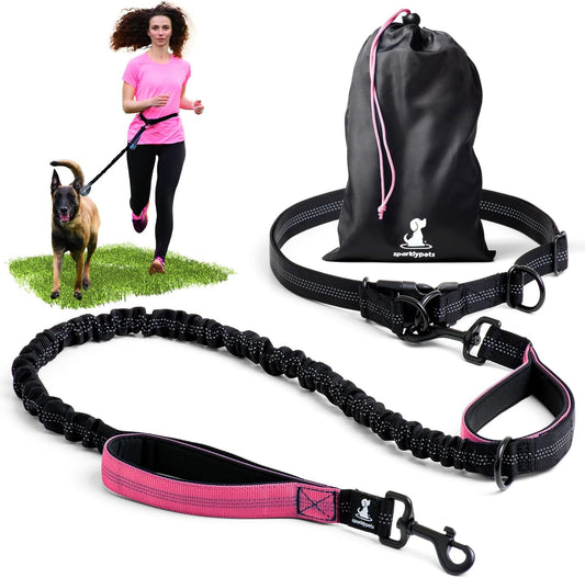 2 in 1 Joggingleine für Hunde mit Doppelgriff, Stossdämpfer und Bauchgurt, Rosa Für ein Hund