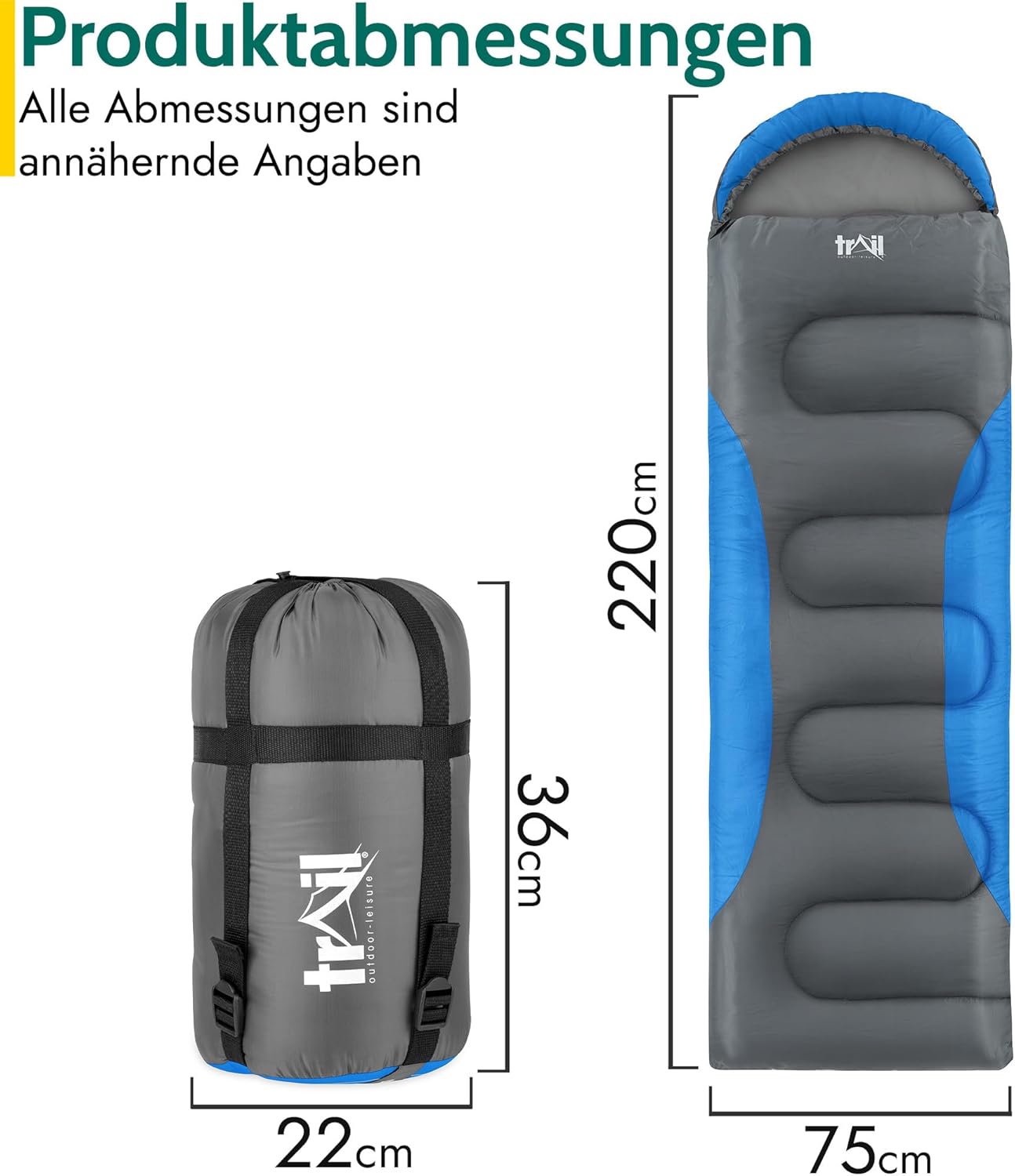 Trail-Alpin-Schlafsack mit Kapuze, Blau - 3 Jahreszeiten
