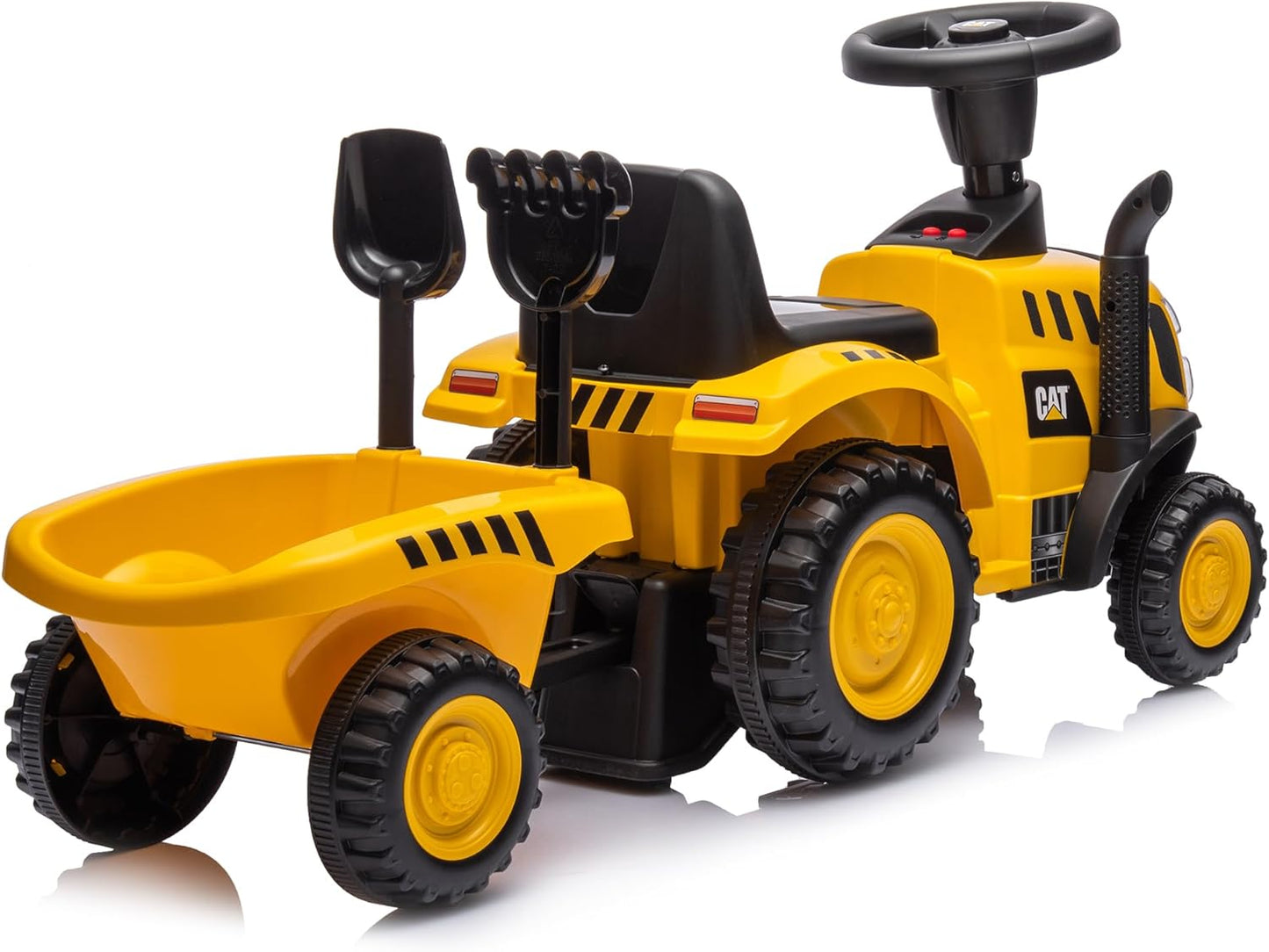 Rutschauto Traktor mit Anhänger, Schaufel und Rechen, Cat Gelb
