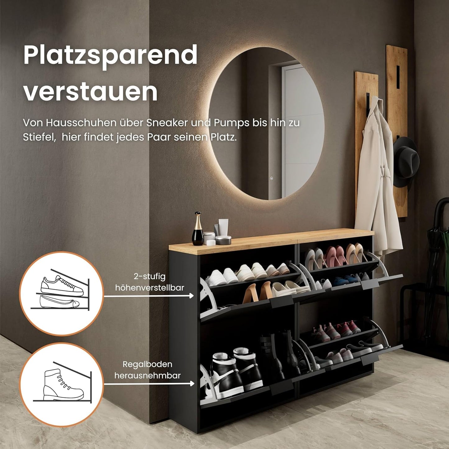 Platzsparender Schuhschrank mit 4 Ablagen, 2x 2 Klappen Schwarz
