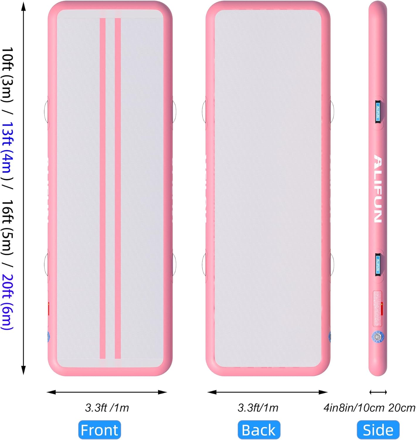 Aufblasbare Gymnastik-Tumbling-Matte mit Luftpumpe, LightPink 300*100*15 cm