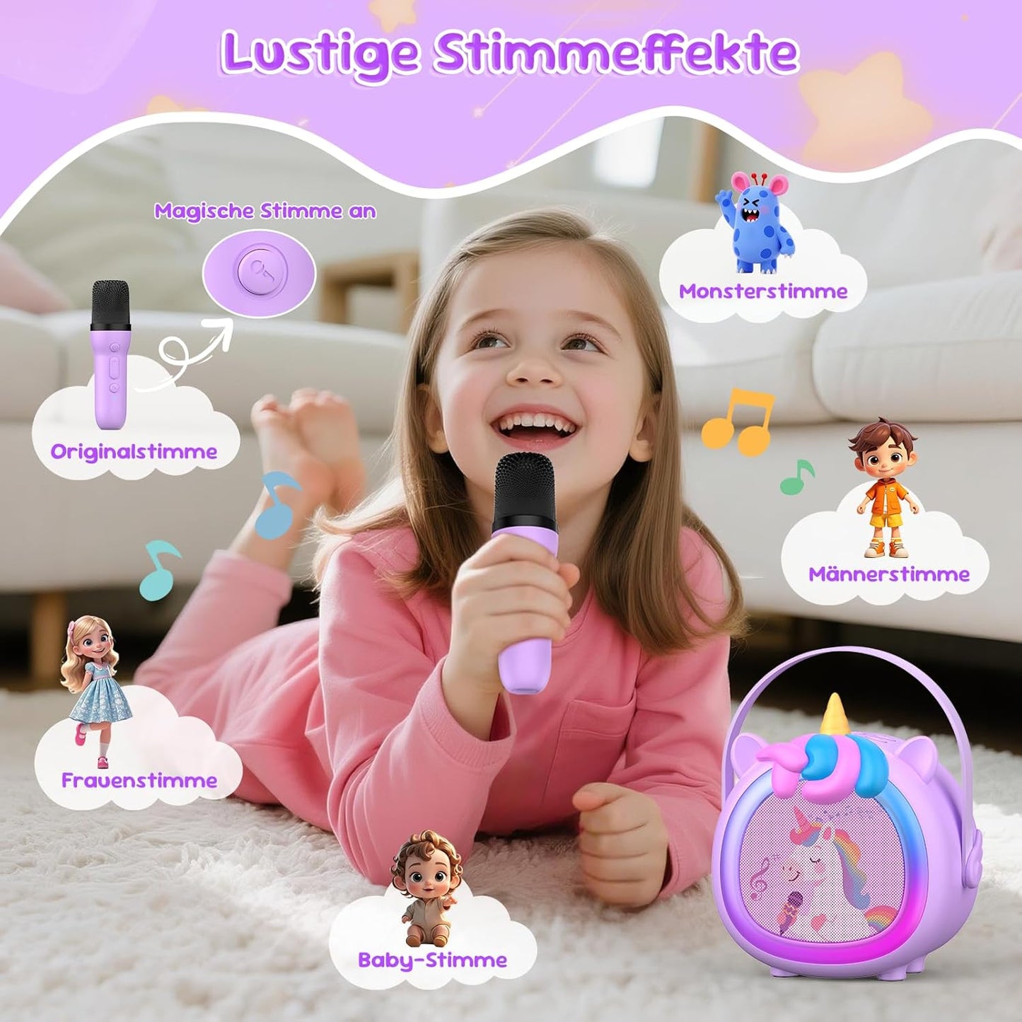Kinder-Karaoke-Maschine mit 2 Mikrofonen, Lila