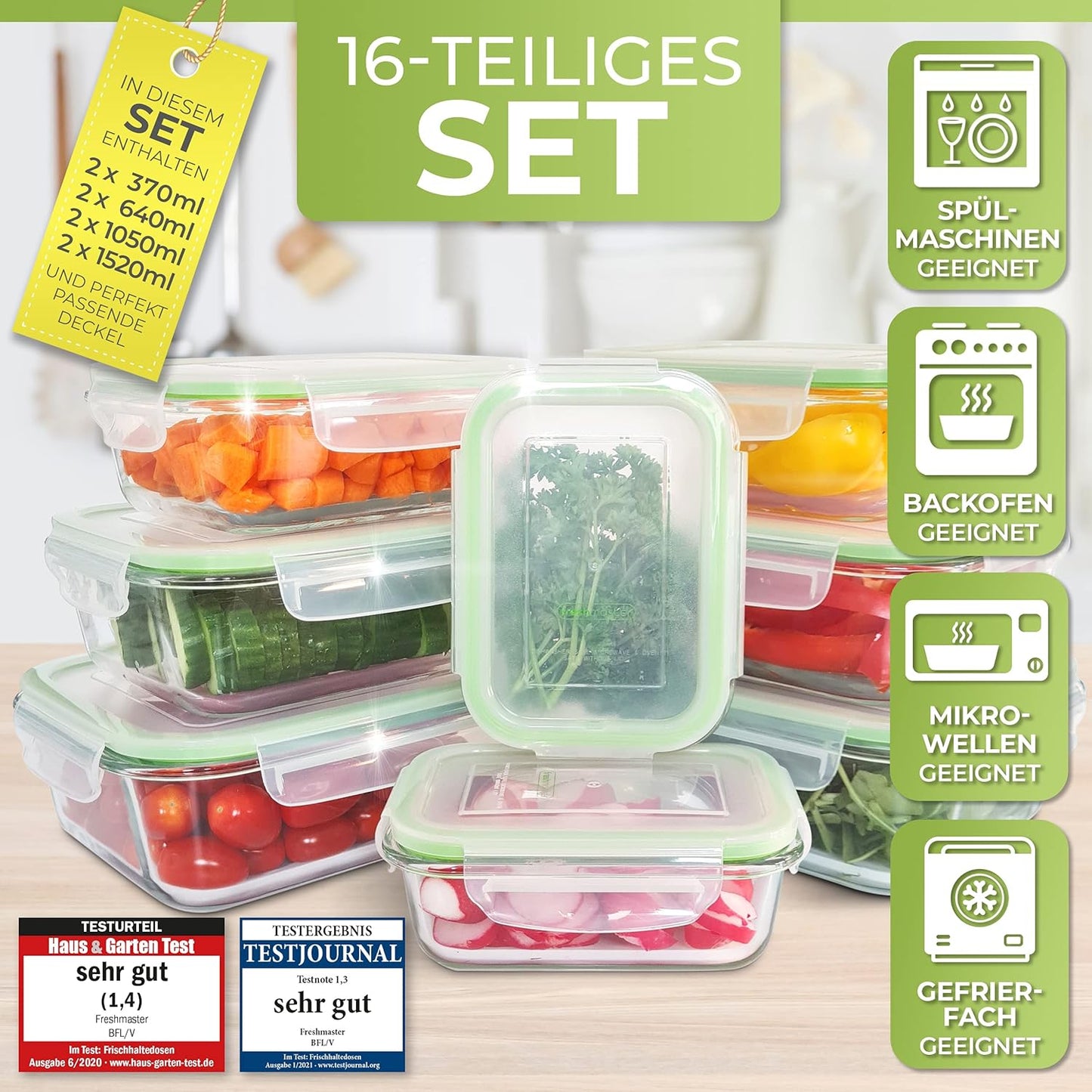 16-teiliges Frischhaltedosen Glas-Set, 16 teilig - grün