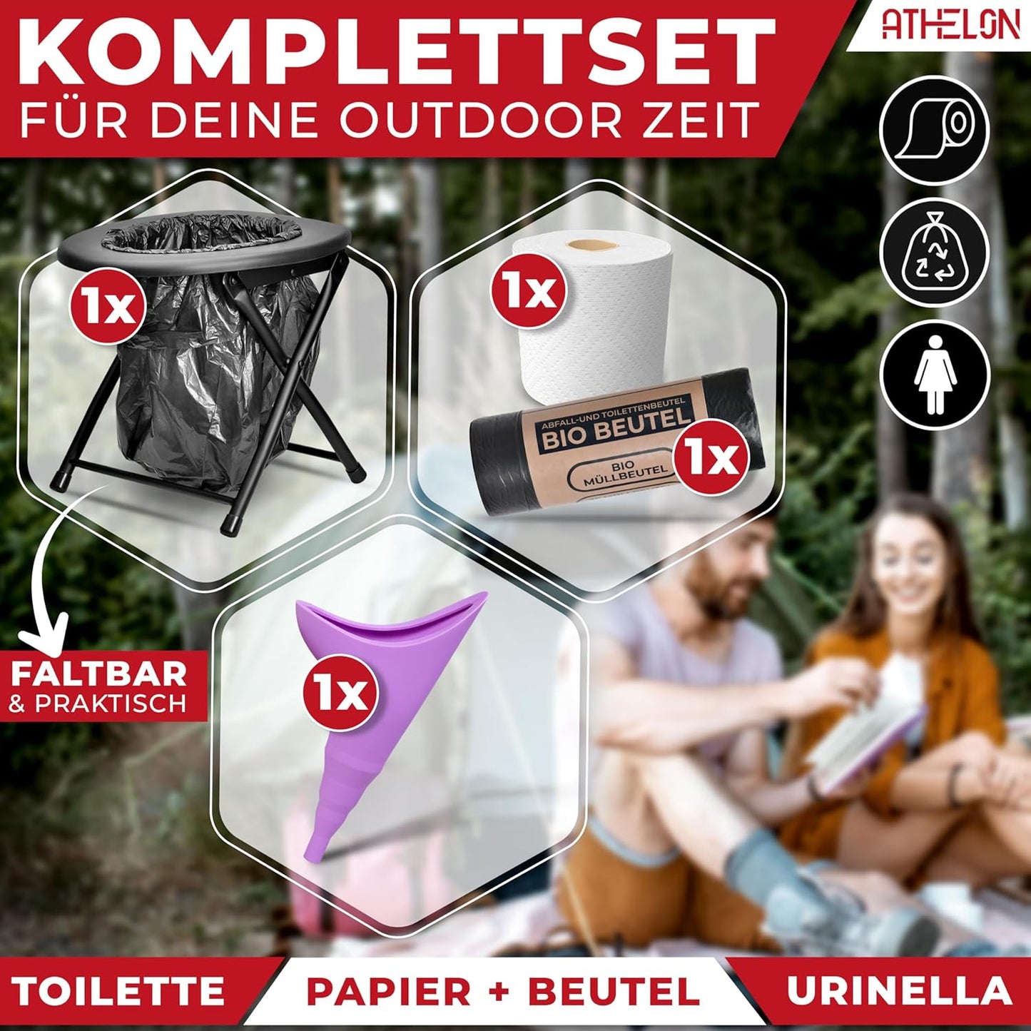 Faltbare Campingtoilette inkl. Beutel & Papier