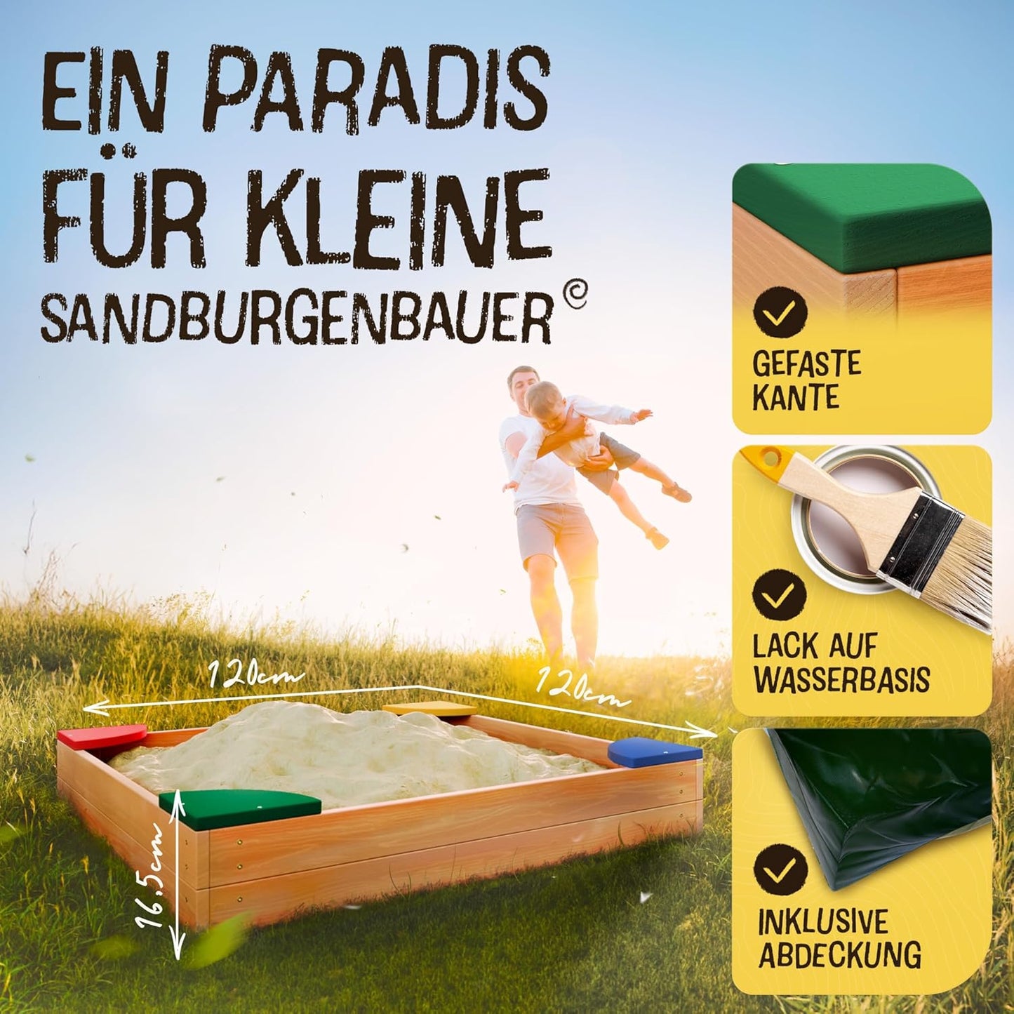 Holz-Sandkasten mit Abdeckung und Bodenvlies, M - 120x120cm