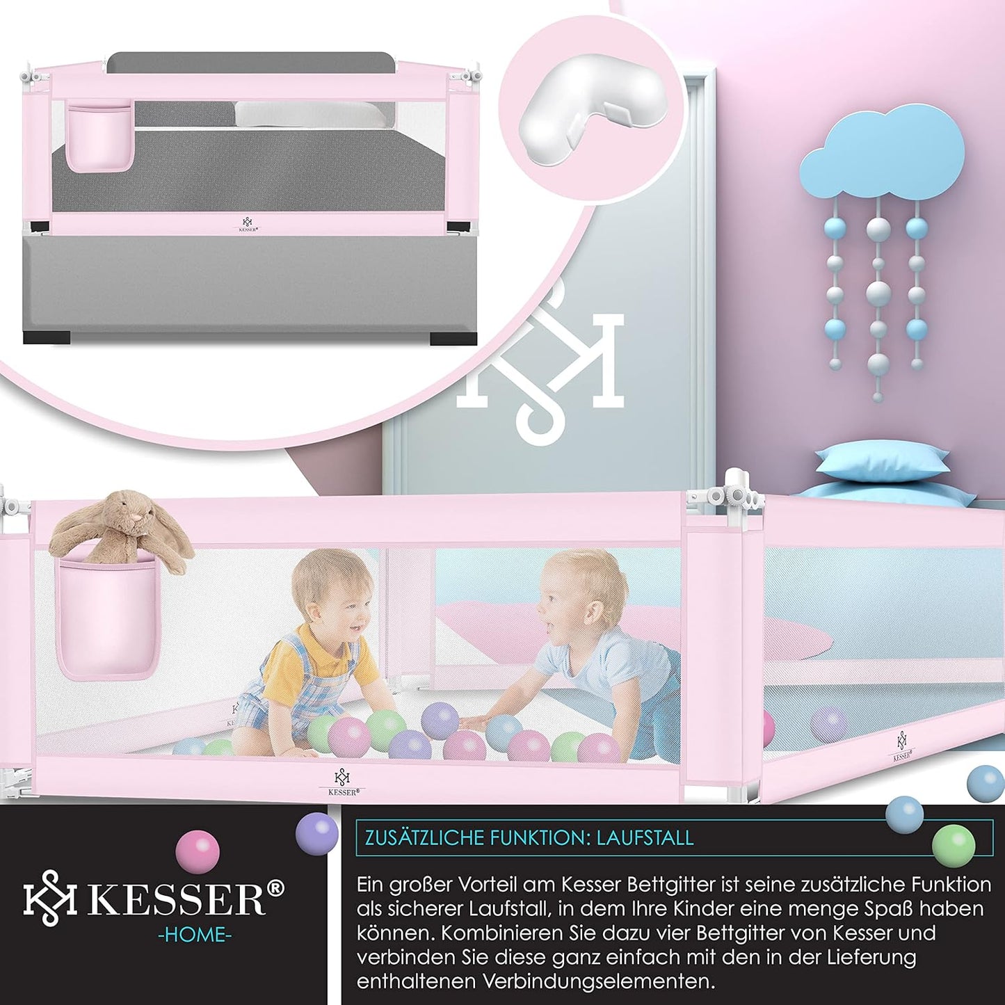 Bettschutzgitter für Kinder, 180cm Rosa