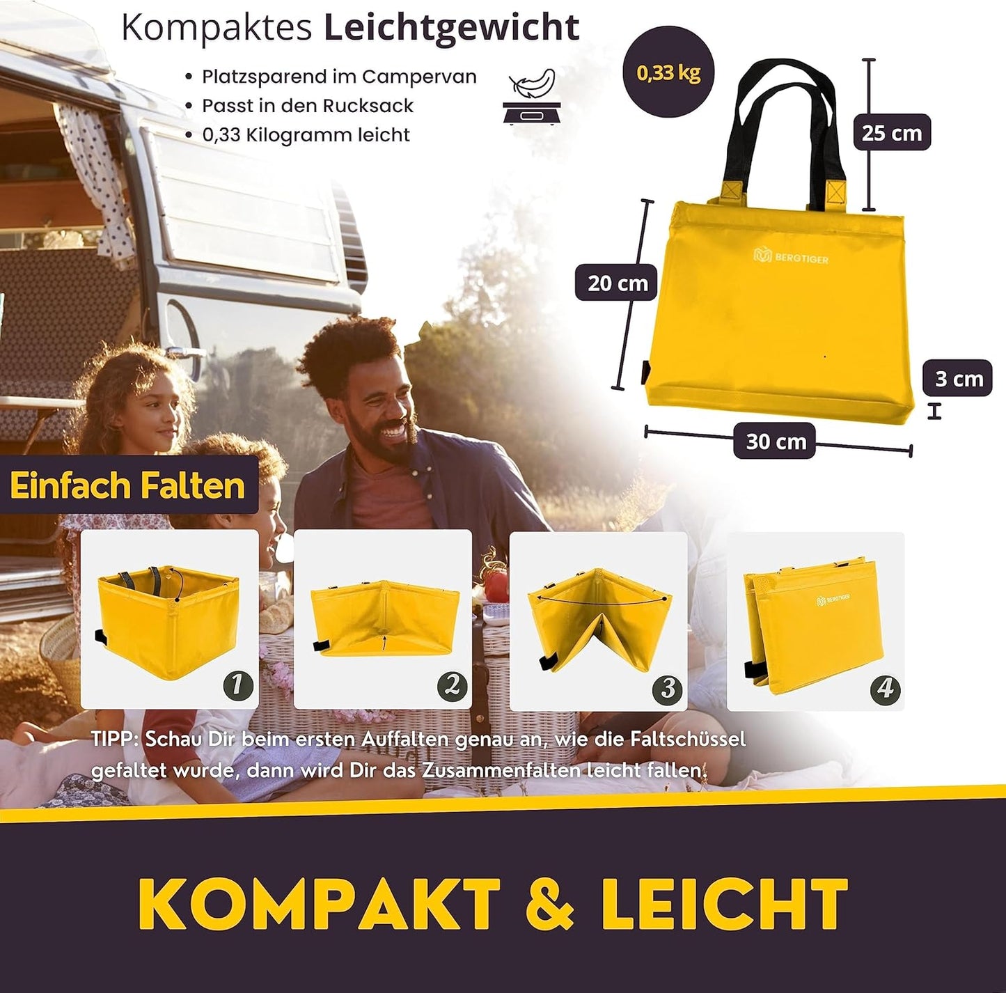 Faltbare Camping-Spülschüssel, Sonnengelb / Schwarz - 18 Liter