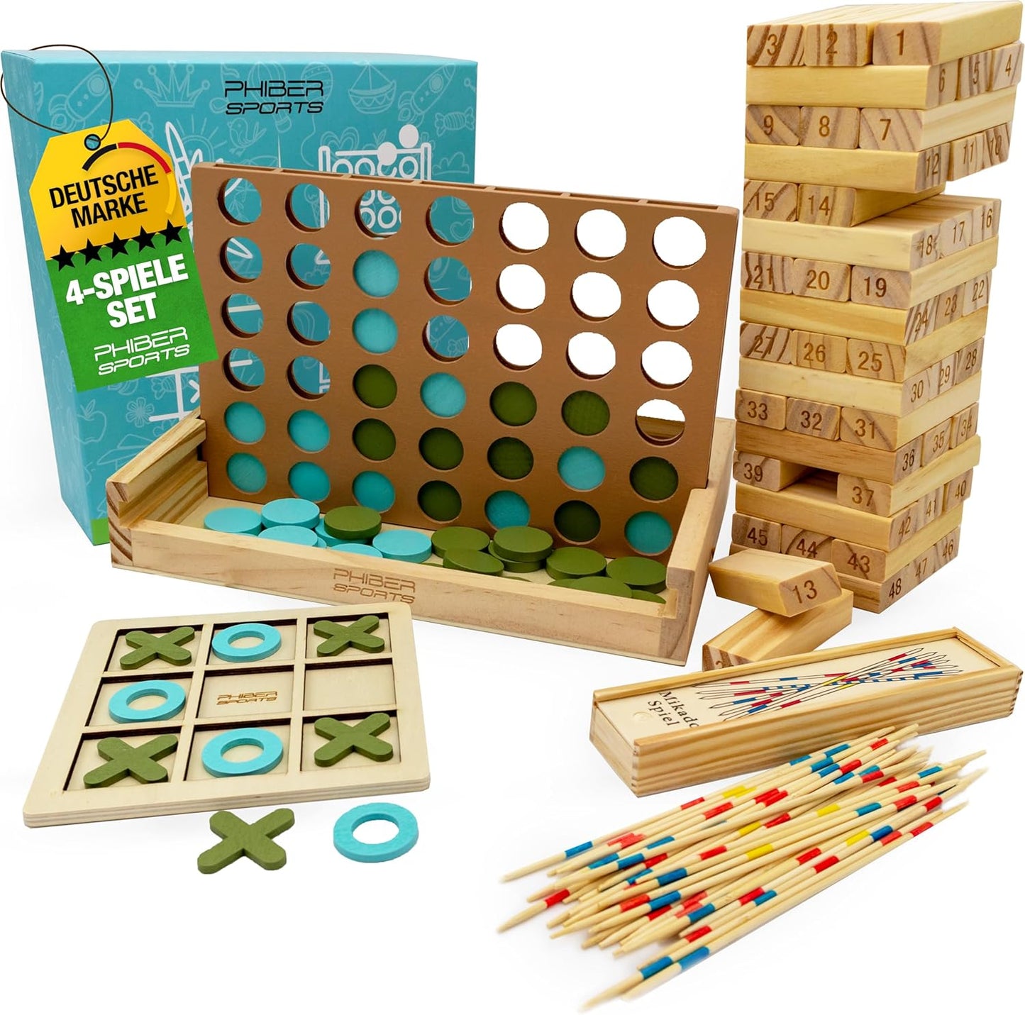 Holz Spielesammlung Wackelturm, Mikado, Tic Tac Toe