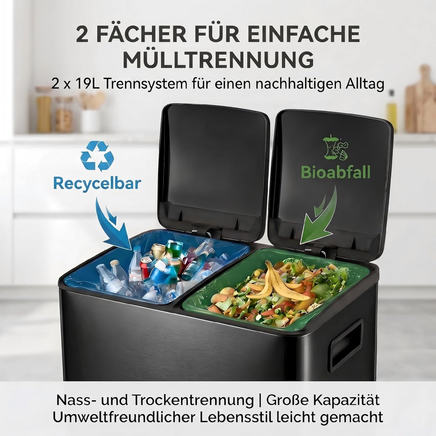 Treteimer mit Mülltrennsystem, Schwarz 38L