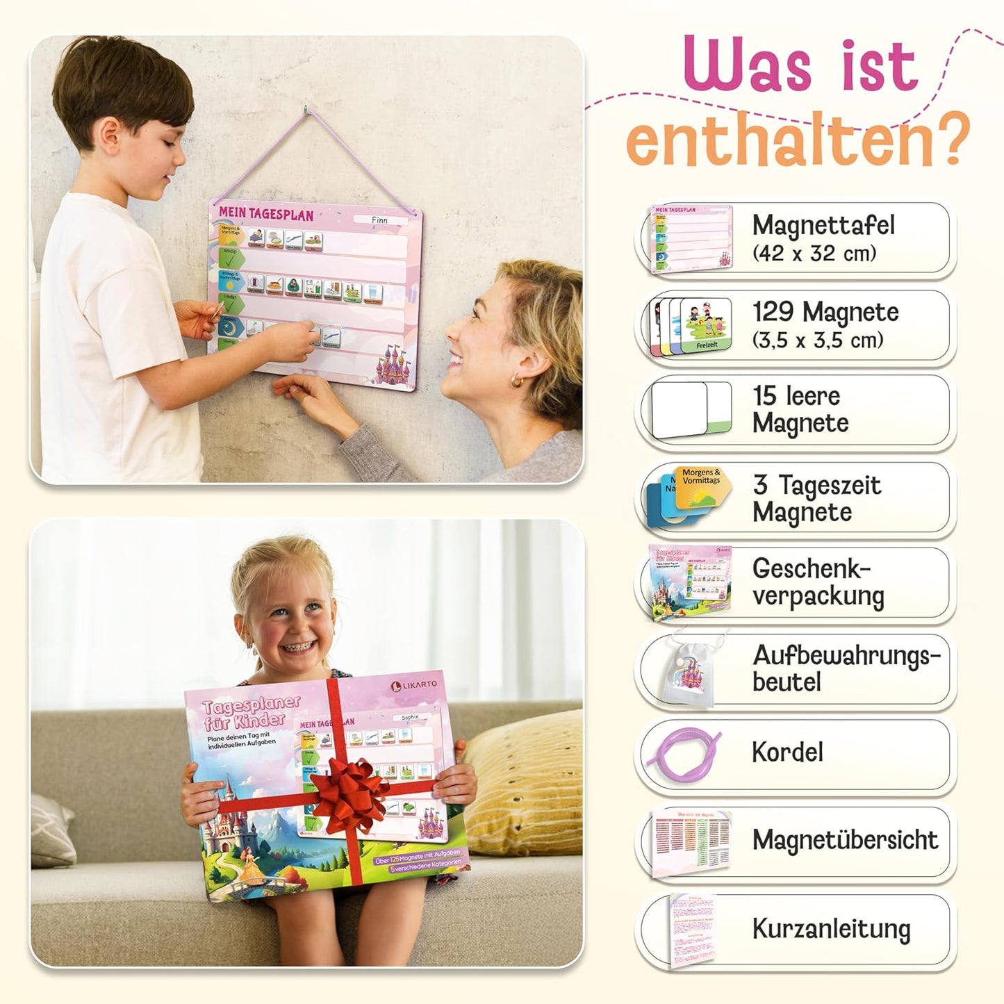 Magnetischer Aufgabenplaner für Kinder, Pink / Tagesplan
