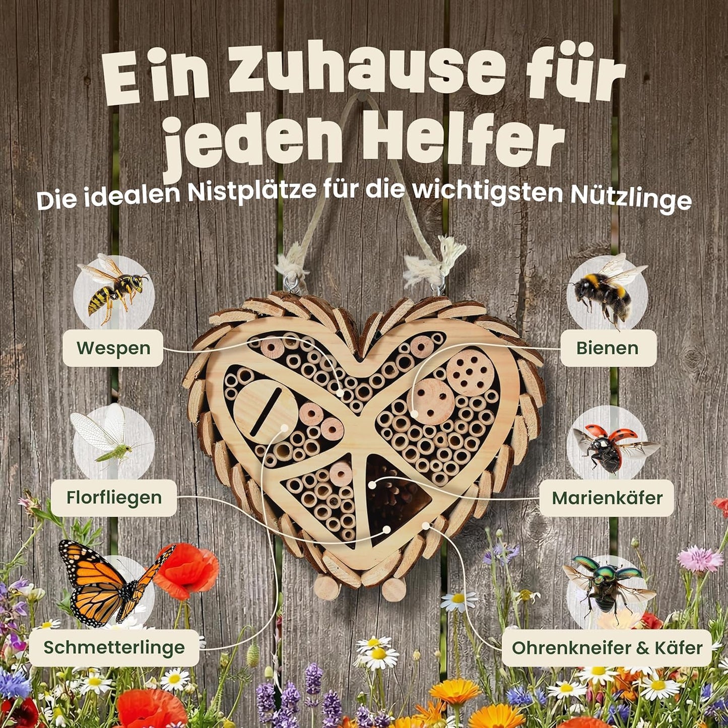 Insektenhotel Herzdesign mit Bambus Röhrchen