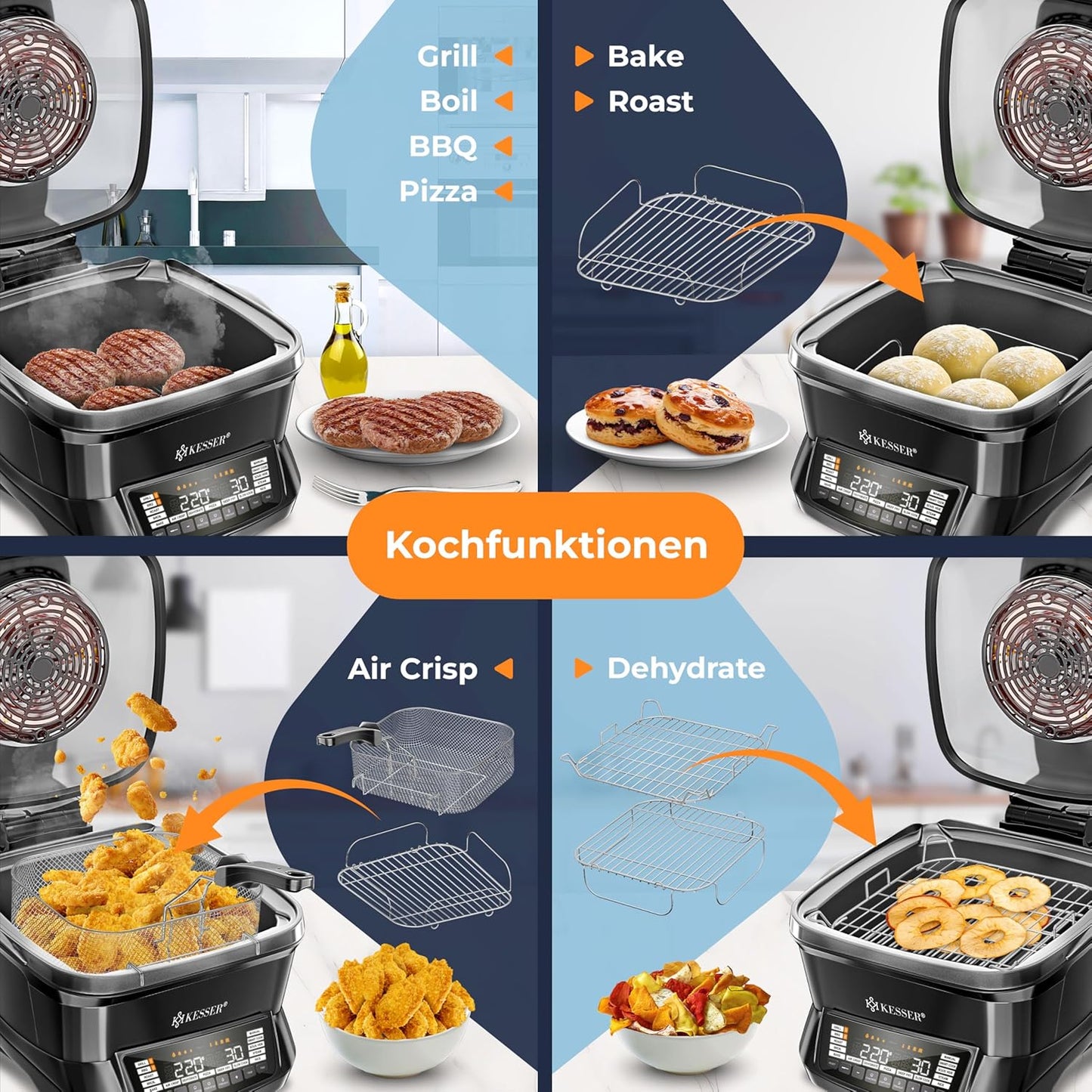 Multikocher mit Heissluftfritteuse, Schwarz