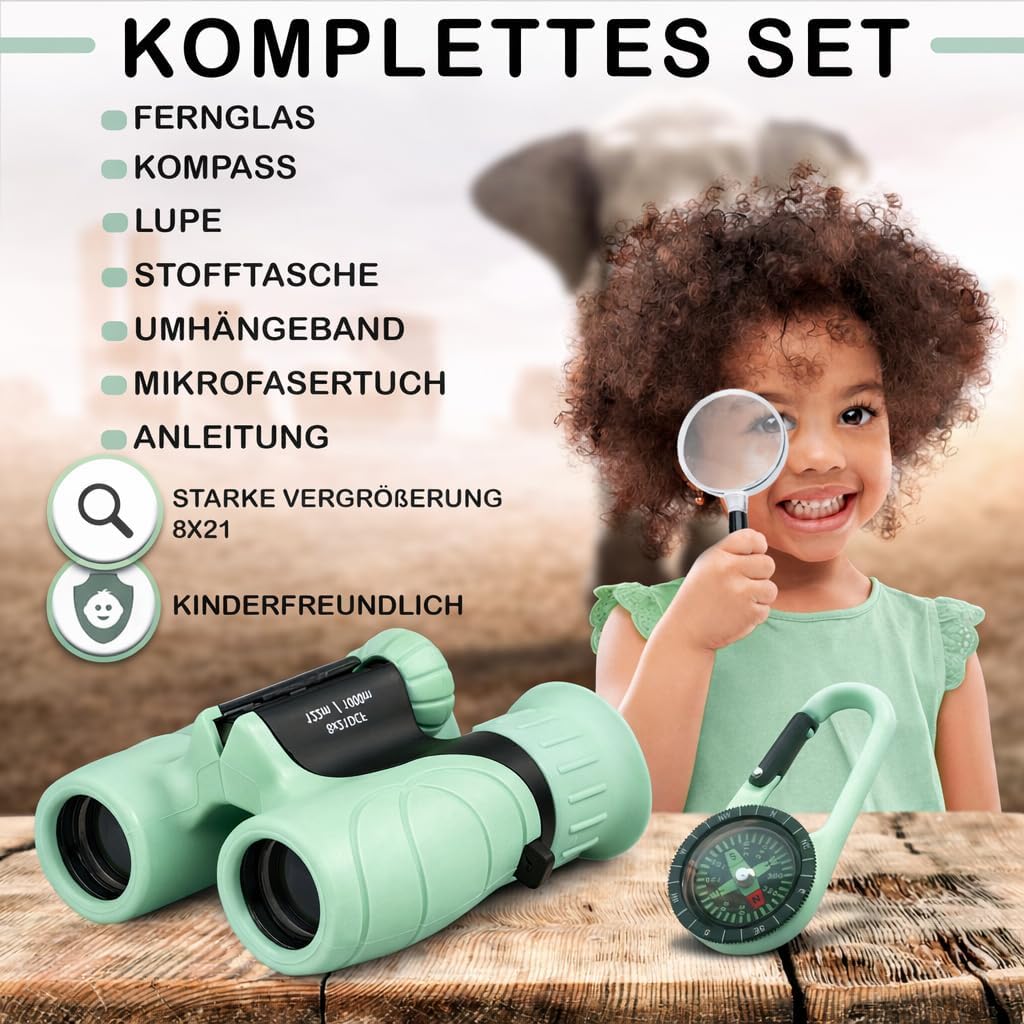 Fernglas für Kinder inklusive Lupe & Kompass, mintgrün