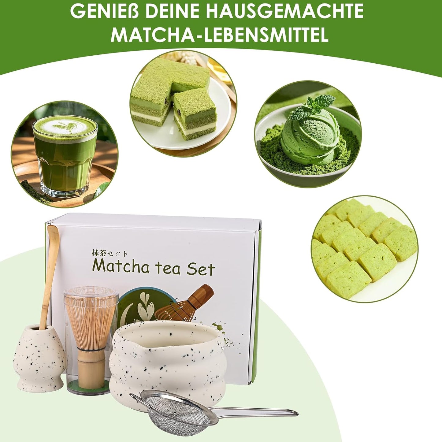 5-teiliges Matcha Tee Set mit Schale und Bambusbesen