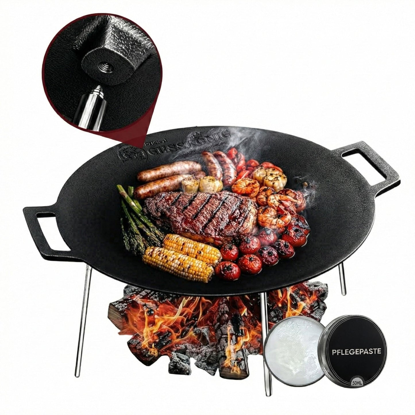 Grillplatte mit Dreibein und Pflegepaste, Gusseisen Grillplatte Ø 42cm Mit Pflegepaste