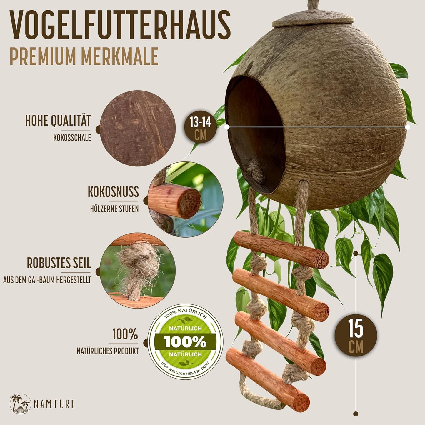 2er-Pack Kokosnuss-Vogelhaus im Leiterstil, 2 Stück