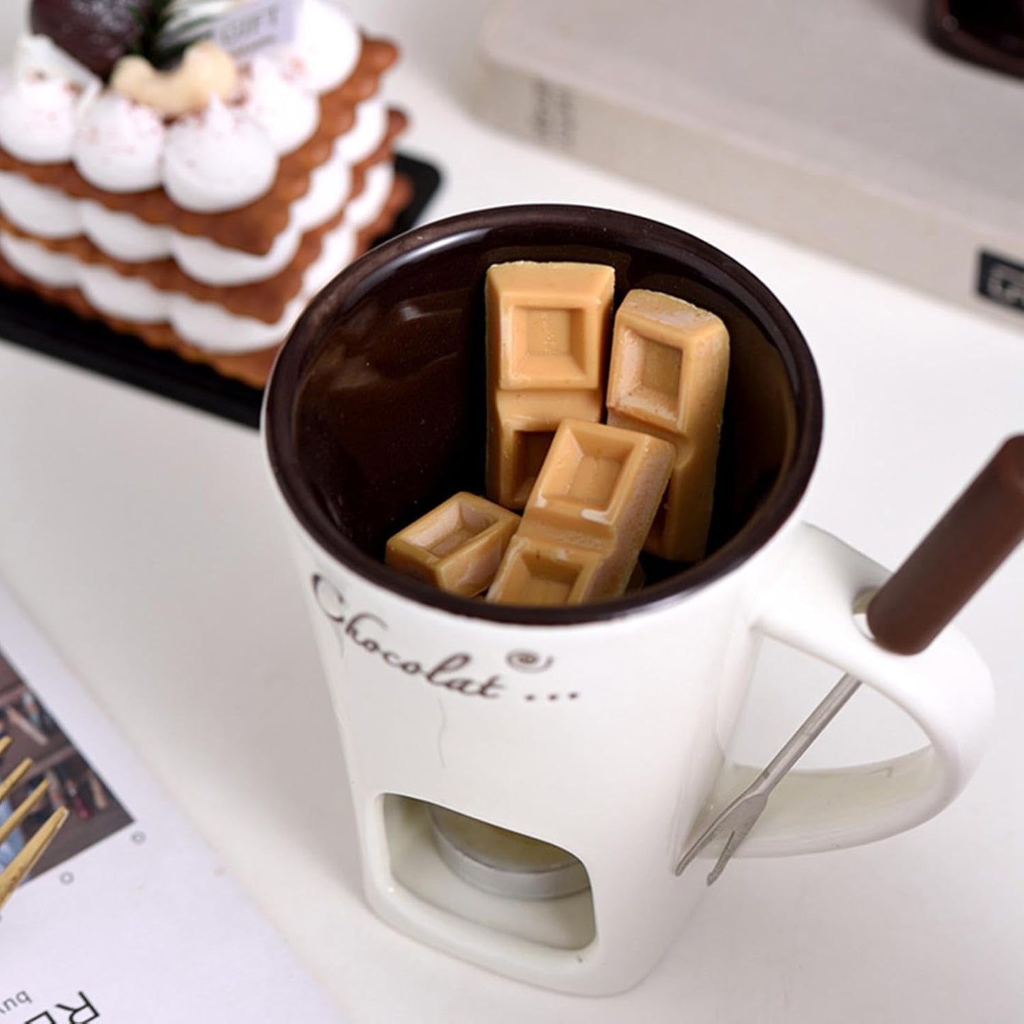 Schokofondue Tasse mit Gabel und Teelicht, Beige