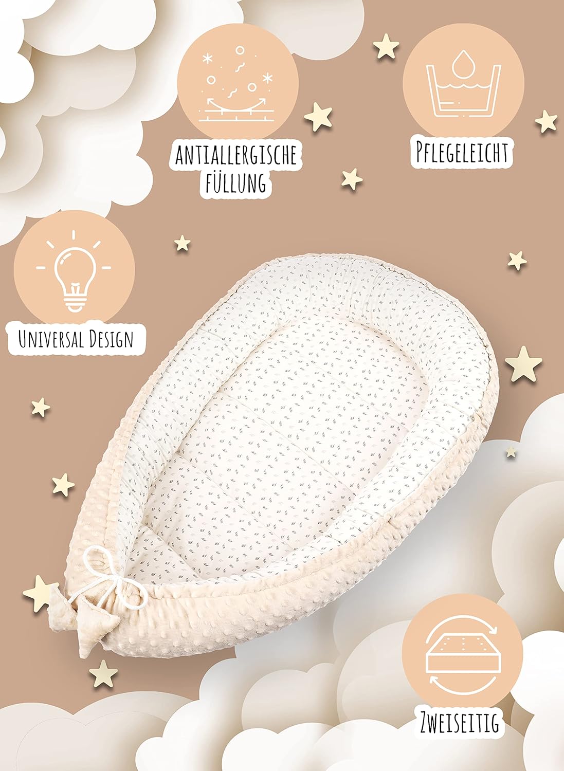 Babynest 2-seitig für Säuglinge und Neugeborene, Beige Minky