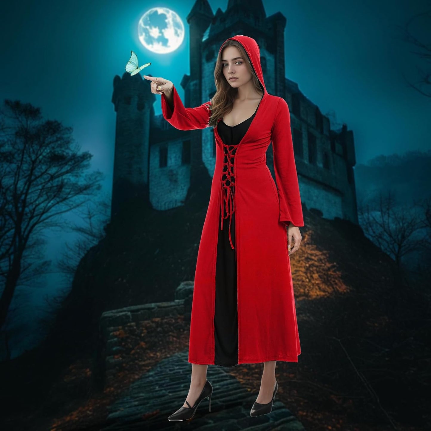 Mittelalterliches Cosplay-Kleid mit Kapuze für Damen, M Rot und Schwarz