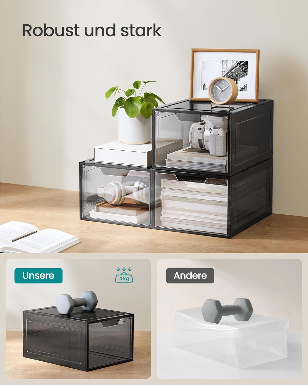 Schuh-Organizer Boxen-Set (12 Stück, stapelbar), Transparentes Schwarz 12