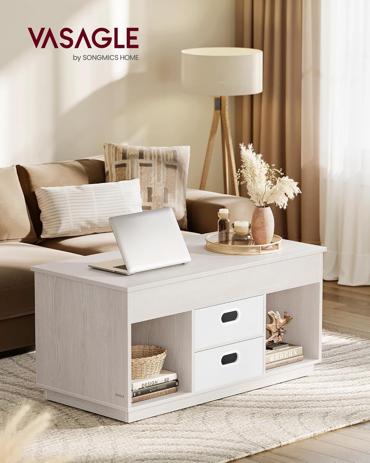 Höhenverstellbarer Couchtisch mit Stauraum, Haferflockenbeige