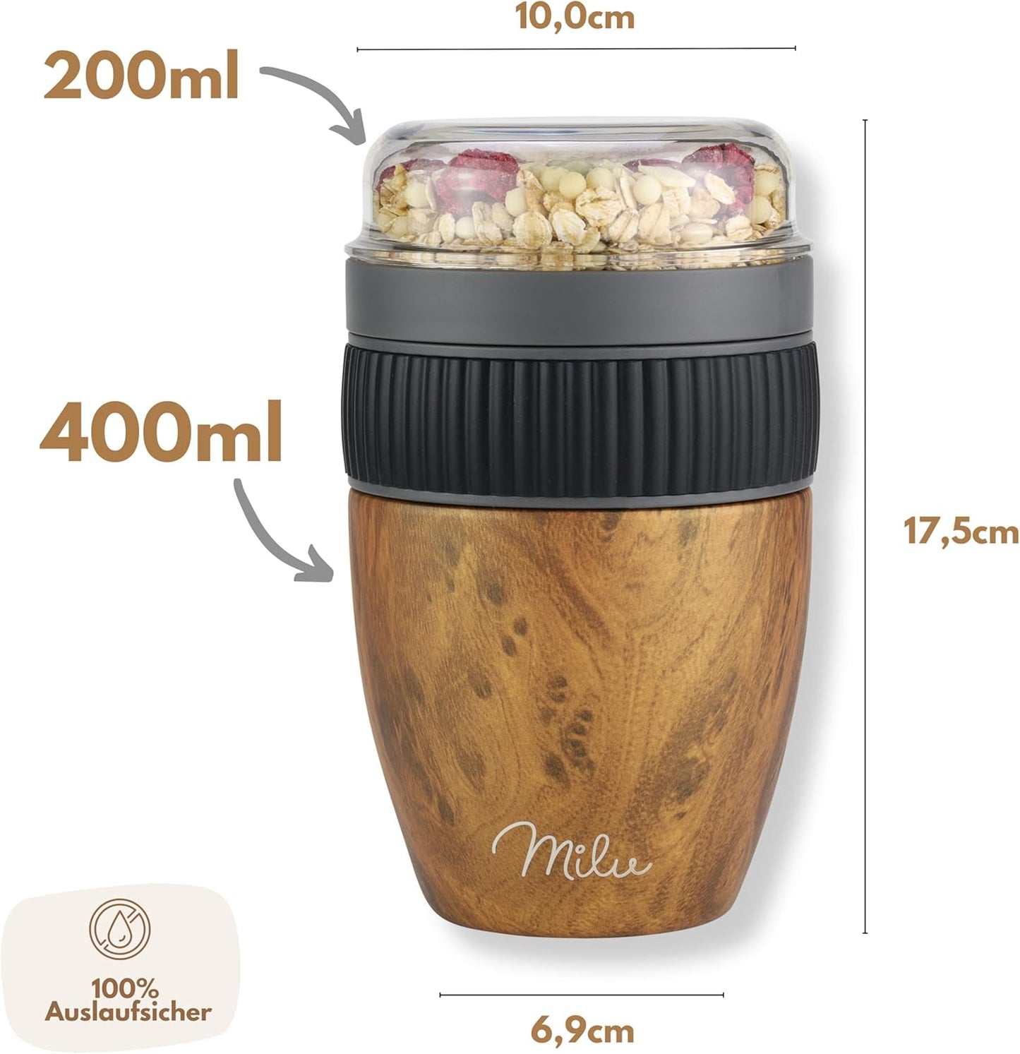 Müslibecher to go, Holzoptik Edelstahl
