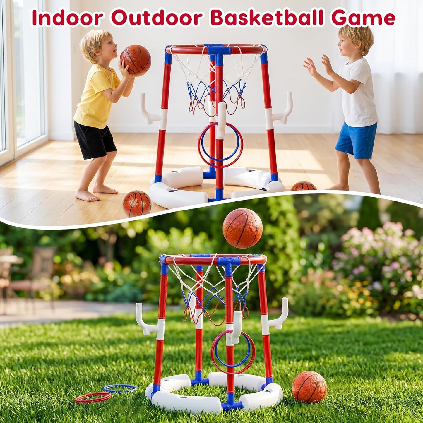 Pool-Basketballkorb mit 4 Bällen, 6 Ringen und Pumpe