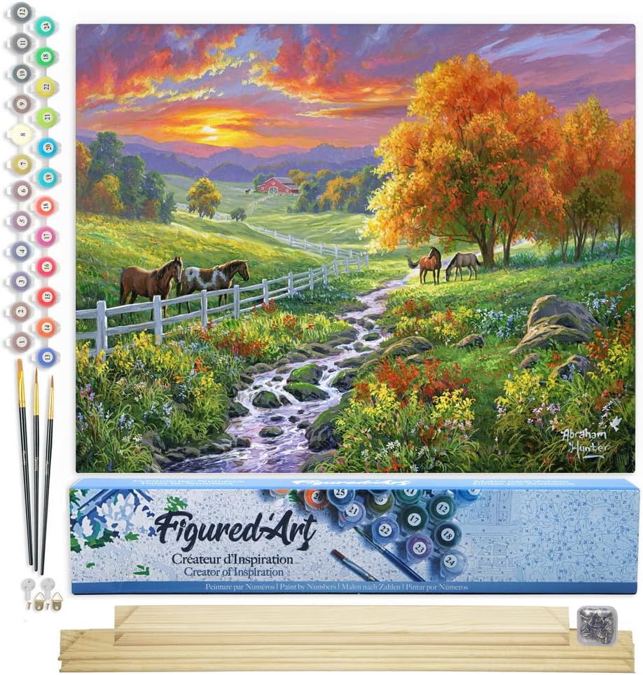 Malen nach Zahlen - Landschaftlicher Sonnenuntergang und Pferde, Landschaftlicher Sonnenuntergang und Pferde 40x50cm Mit Keilrahmen (nicht gespannt)