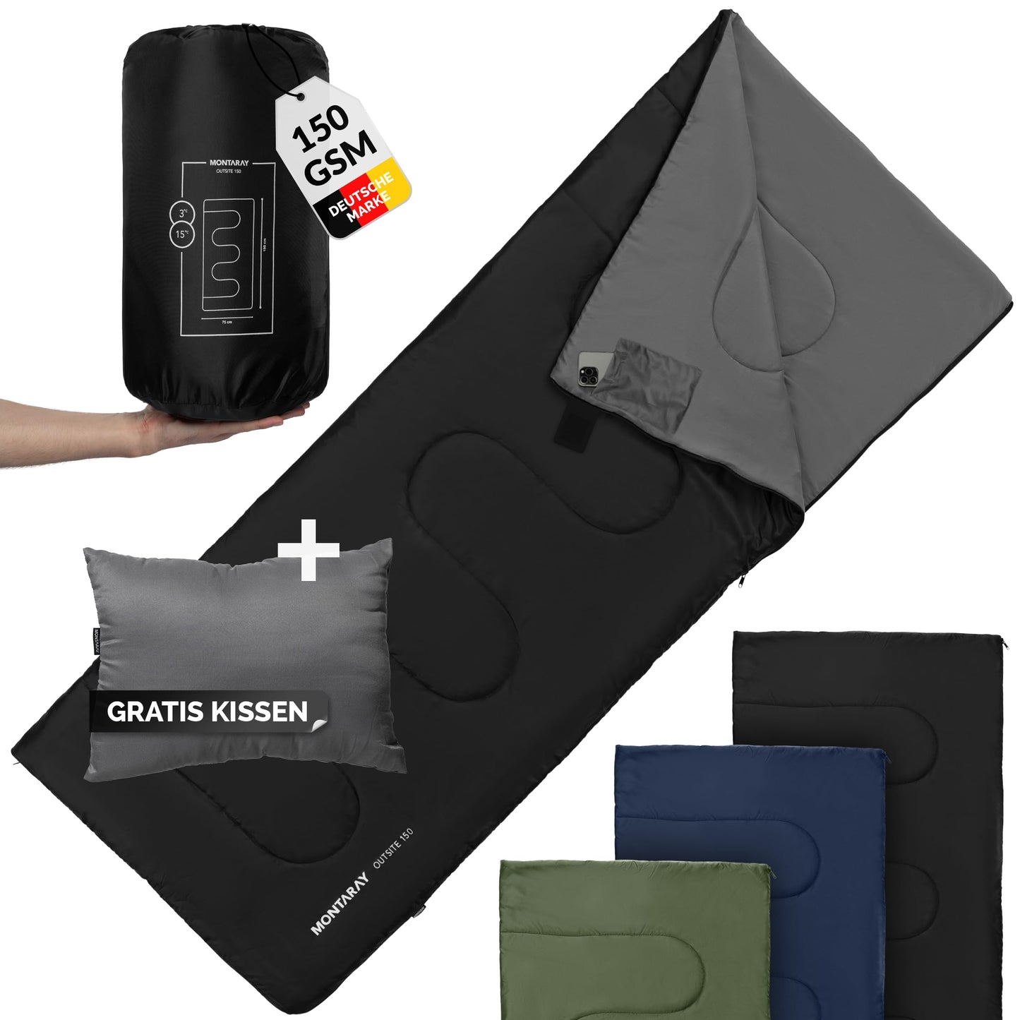 Deckenschlafsack mit Kissen, Schwarz 150GSM, ohne Kapuze