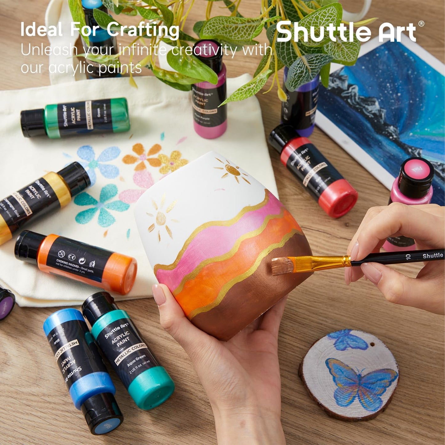 Metallic-Acrylfarben-Set inkl. Pinsel & Palette, 20 Farben mit Metallglanz