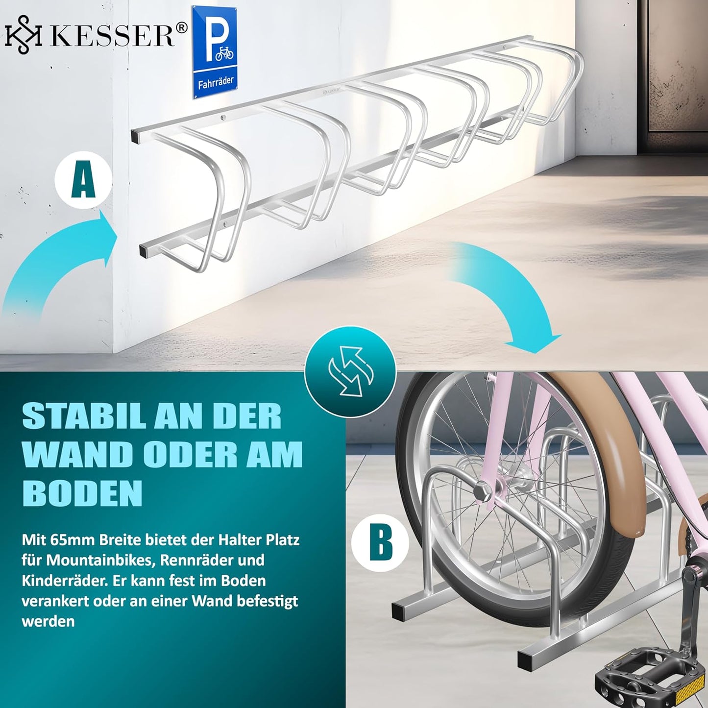 Veloständer für 4 Räder mit Parkschild, Silber / 4 Fahrräder