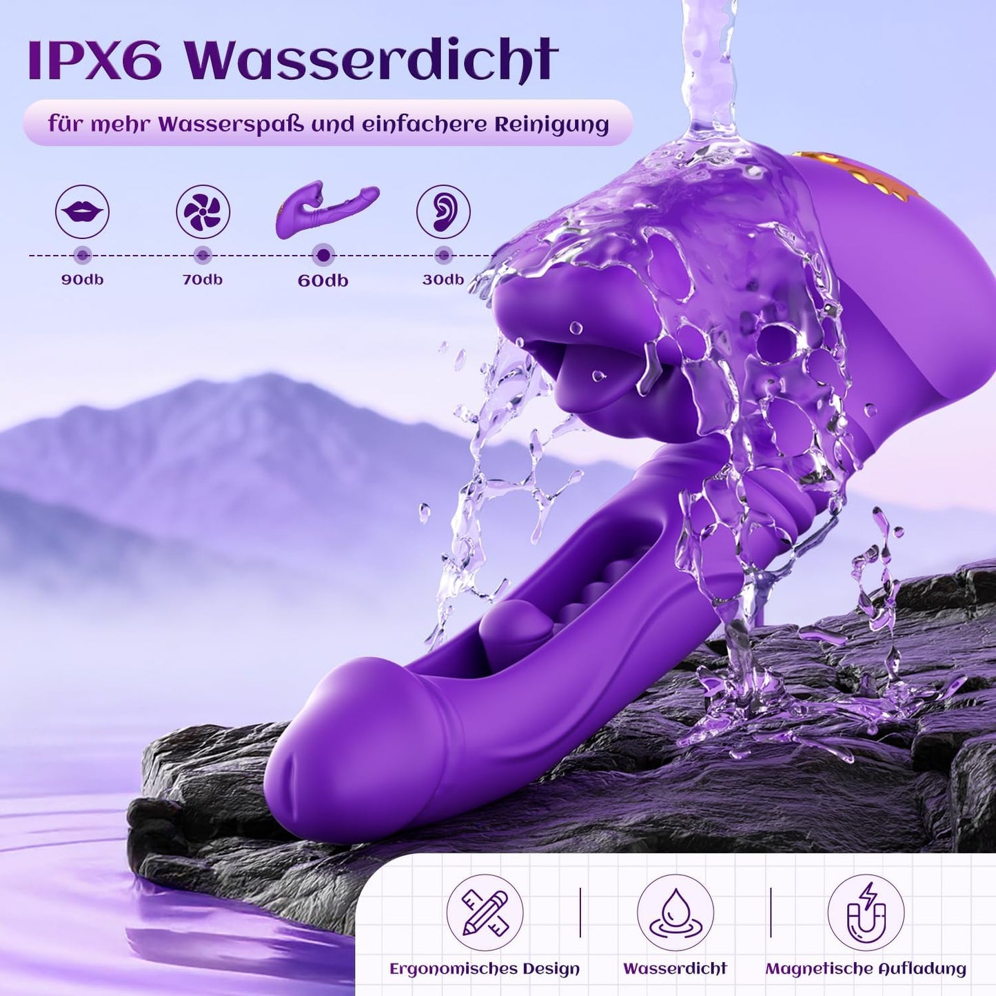 Vibrations-Dildo mit Stoss- und Leckfunktion, Lila