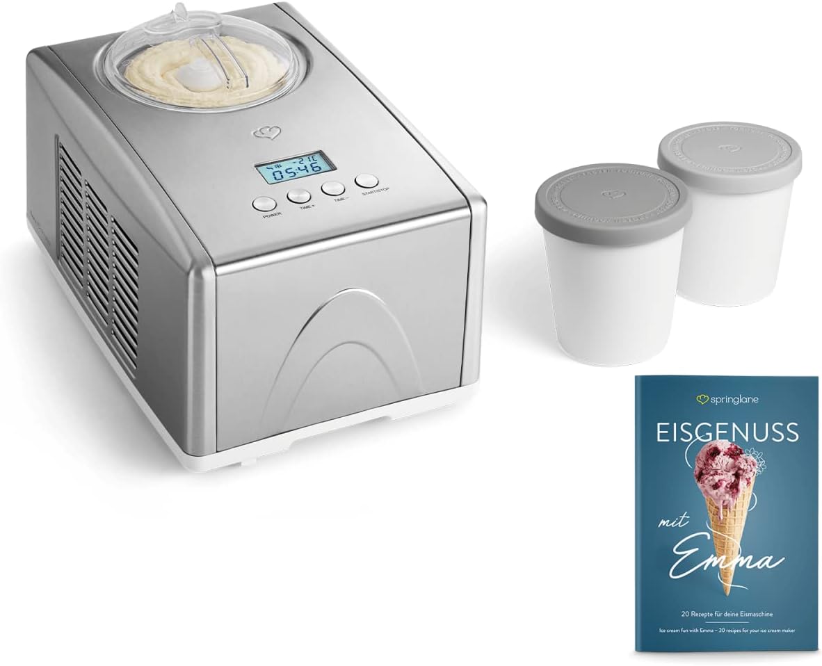 Eismaschine Emma, Silber ; Eismaschine + 2 Aufbewahrungsbehälter Grau