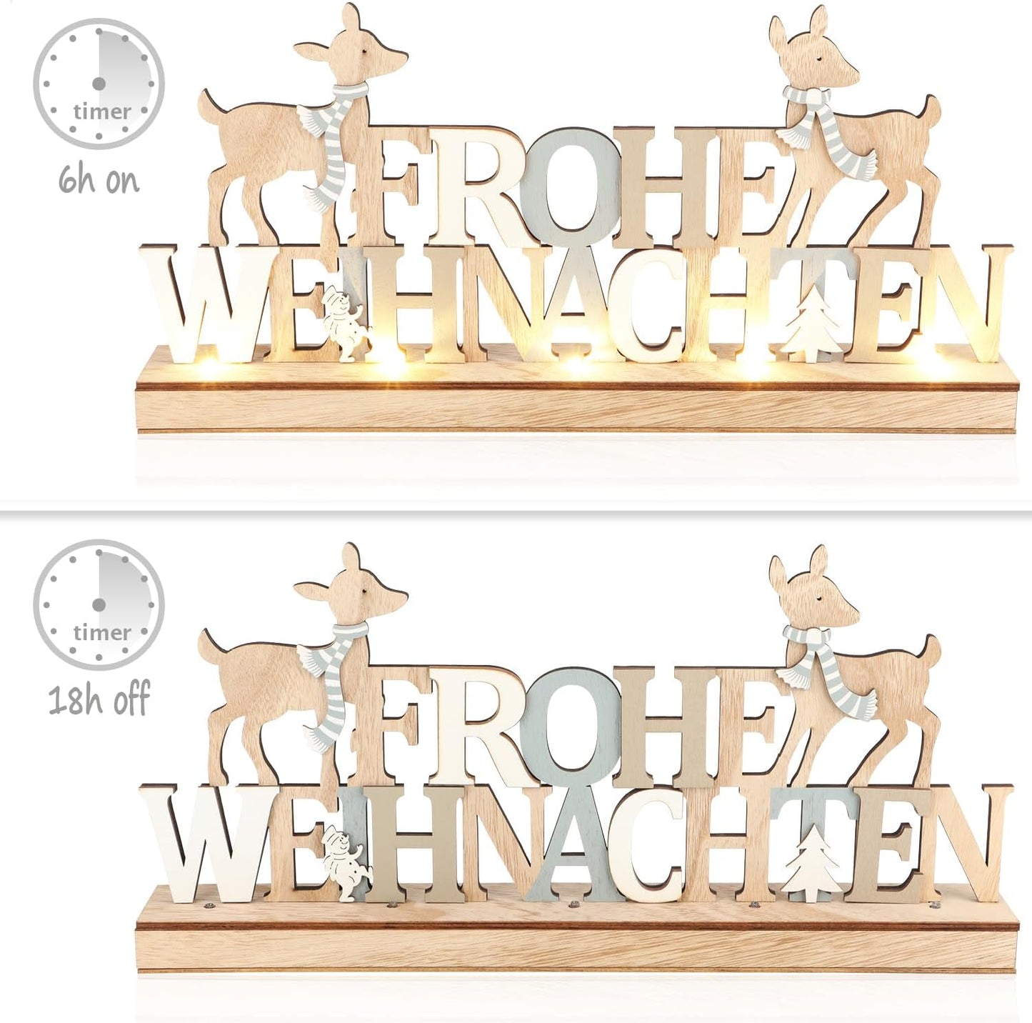 LED Holzaufsteller mit Timer - Frohe Weihnachten, Rentiere - grau